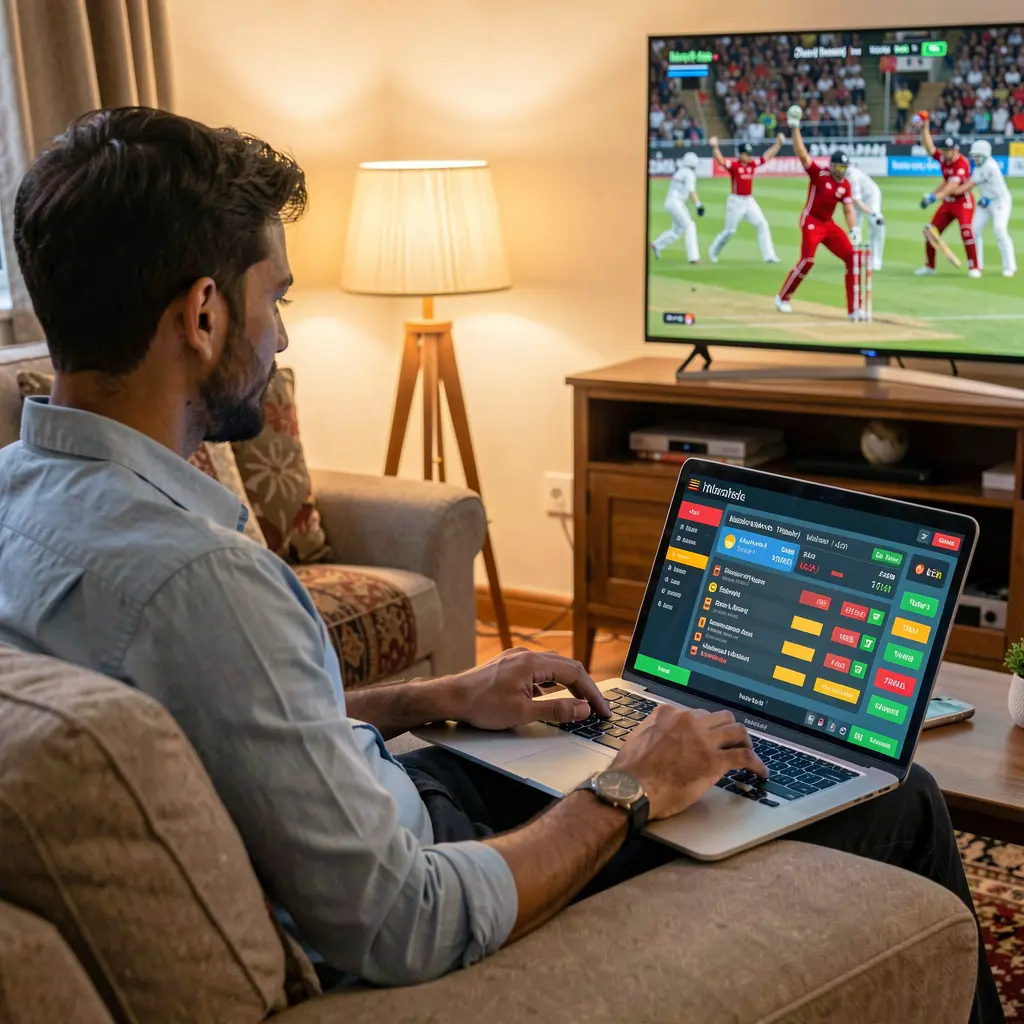 Focused Bangladeshi sports bettor placing live cricket bets on a laptop at home with TV showing the match using the 40OK platform