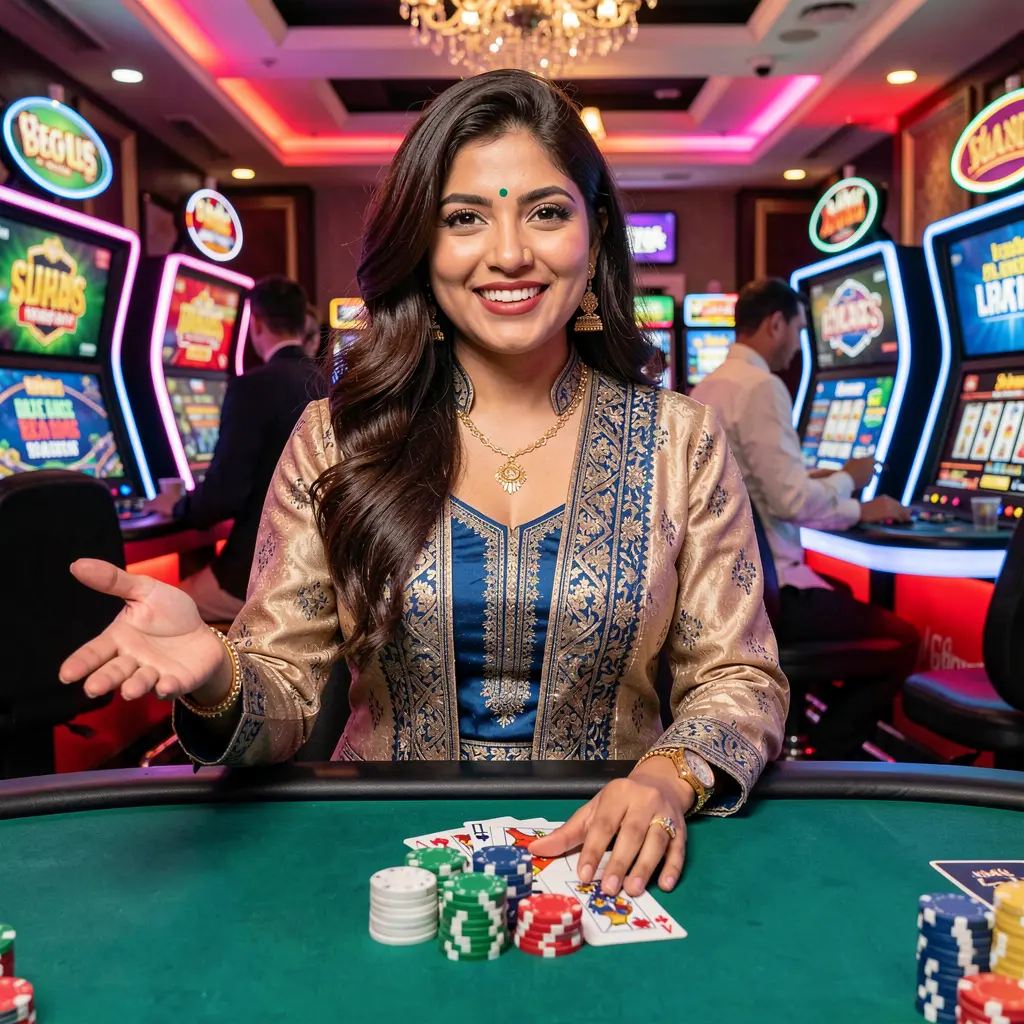 Elegant live casino dealer at a blackjack table with colorful chips and cards creating an authentic gaming mood at 40OK for Bangladeshi players